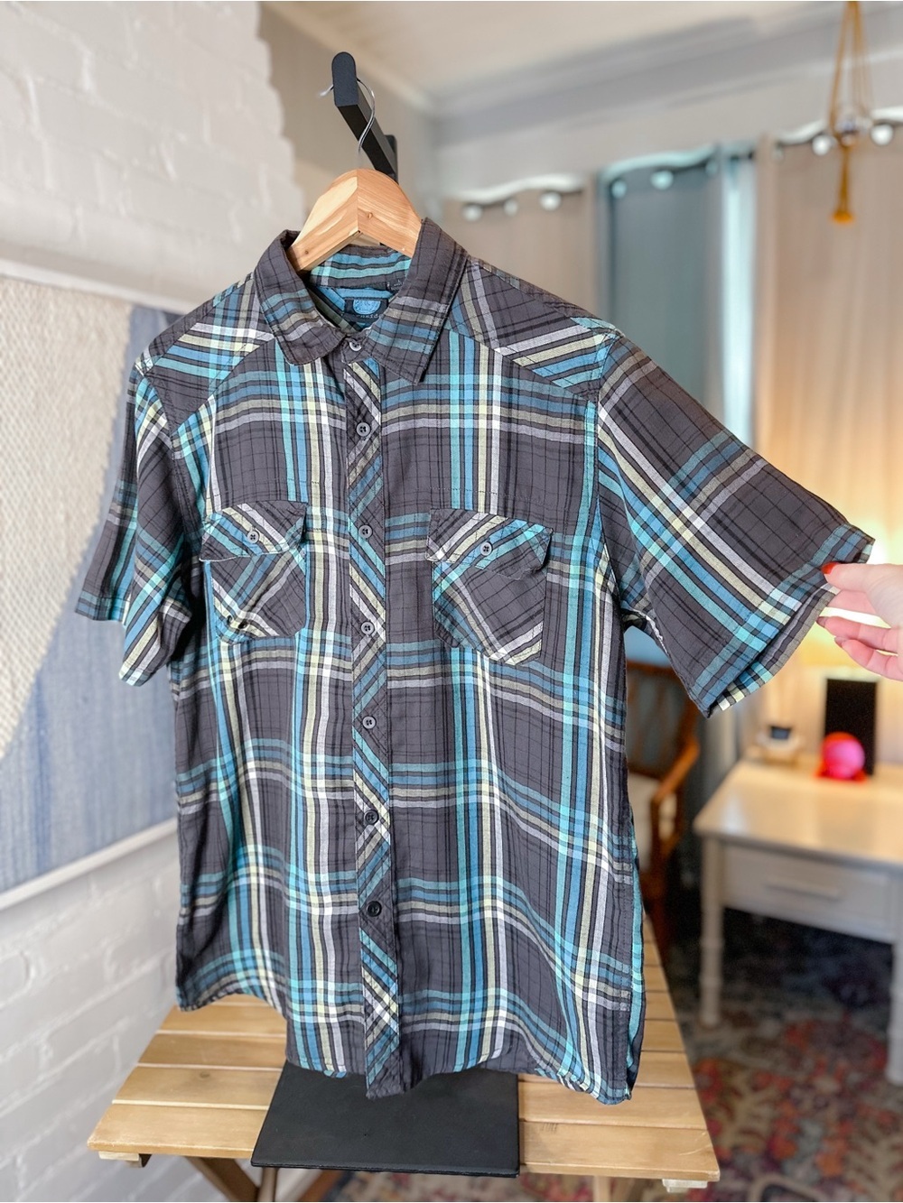 Burnside Blue and Grey Short Sleeve Collared Button Up Shirt